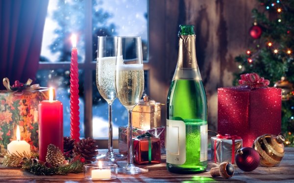 Holiday New Year Gift Bottle Candle Celebration HD Wallpaper | Background Image