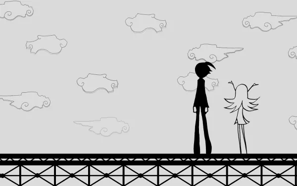 Silhouettes of Koyomi Araragi and Shinobu Oshino from Bakemonogatari stand side by side against a stylized sky with clouds, featured in an 8K Ultra HD Monogatari series wallpaper.