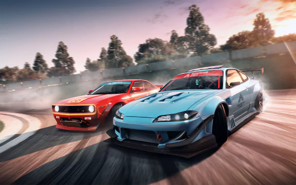 HD wallpaper of a Toyota Supra and a Dodge Challenger racing on a track in Grand Theft Auto V, with scenic trees in the background, creating an immersive and thrilling visual experience.