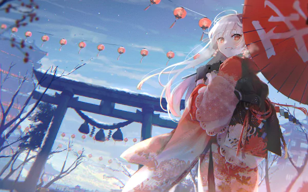Anime girl with long white hair and red eyes, wearing a kimono, holding an umbrella, standing by a torii with lanterns in the background. HD desktop wallpaper and background. Features Japanese elements.