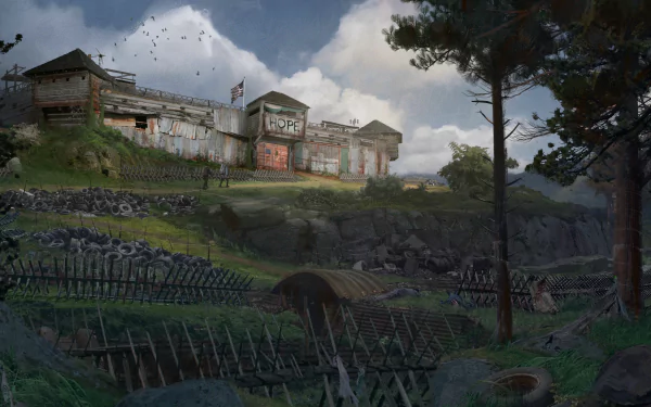 HD desktop wallpaper from Back 4 Blood featuring a fortified outpost amid a desolate landscape.