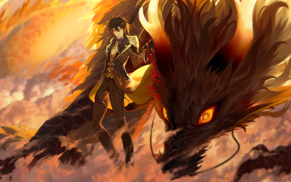 A stunning HD wallpaper featuring Rex Lapis and Zhongli from Genshin Impact, set against a dramatic backdrop of fiery clouds and a majestic dragon.
