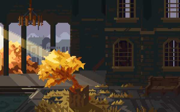 Artistic pixel art of an autumn tree illuminated by sunlight inside a dark, abandoned building, rendered in 4K Ultra HD for PC desktop wallpaper and background.