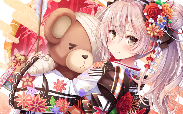 Arisu Shimada from Girls und Panzer with long white hair and brown eyes, wearing detailed Japanese clothes, holding a teddy bear against a vibrant red background.
