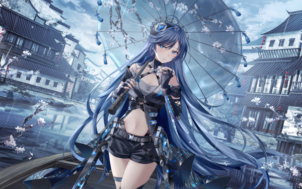 Anime Girl Blue Eyes Blue Hair Long Hair Shorts Umbrella HD Wallpaper | Background Image