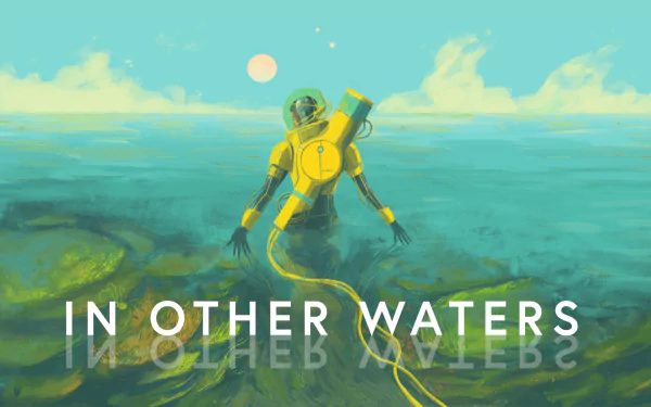 HD desktop wallpaper featuring a diver in a yellow suit exploring the ocean of 'In Other Waters' game, with title text overlay.