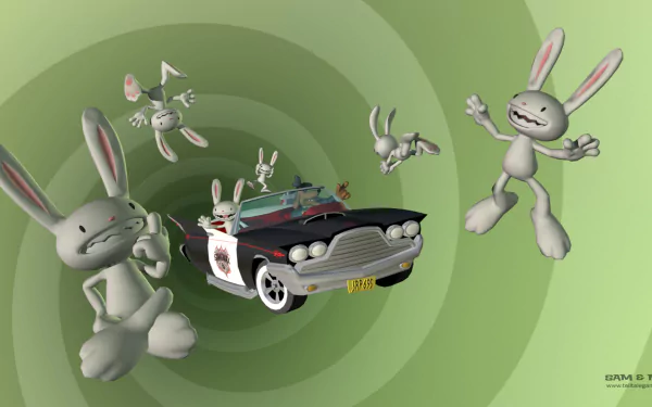 HD wallpaper featuring Max from Sam & Max Save the World with multiple iterations and a car on a green swirl background.