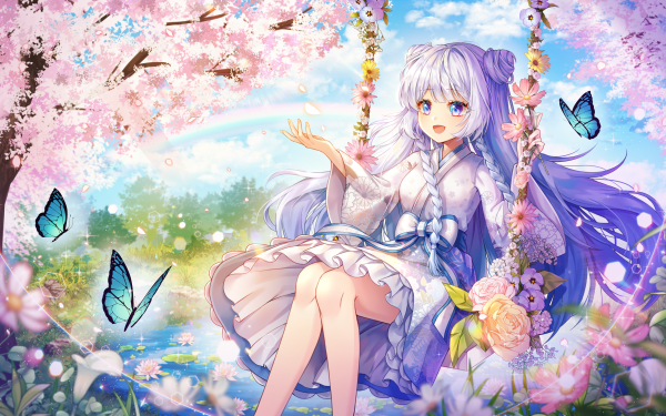 Anime Girl Butterfly Dress Flower Long Hair Blue Eyes Tree White Hair HD Wallpaper | Background Image
