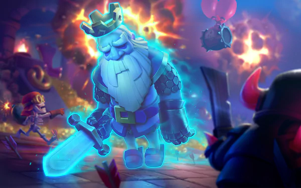 4K Ultra HD PC wallpaper and background of Royal Ghost from Clash Royale — a glowing blue spectral king with a sword in a fiery arena, balloons and enemy troops looming.