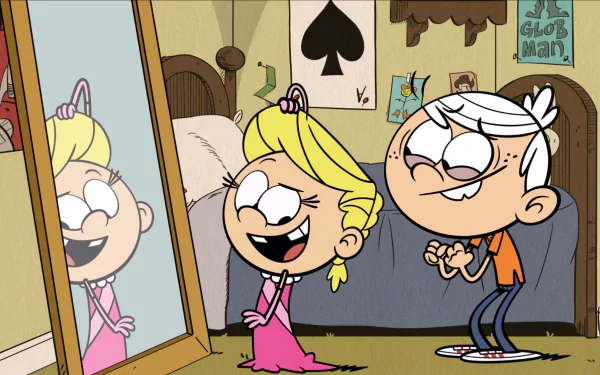 HD desktop wallpaper from The Loud House showing characters smiling and posing in front of a mirror.