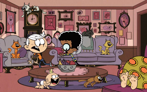 HD desktop wallpaper from The Loud House featuring animated characters in a chaotic living room scene.