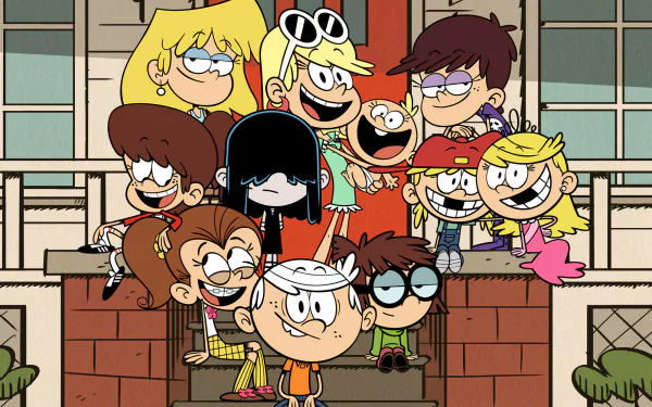 HD wallpaper featuring Luna Loud with her family from The Loud House cartoon, posing in front of their home.