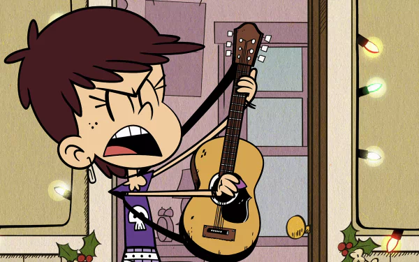 HD desktop wallpaper of Luna Loud from The Loud House, rocking out on her guitar with festive lights in the background.