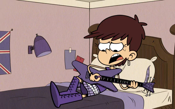 HD wallpaper of Luna Loud from The Loud House playing an electric guitar in her bedroom.