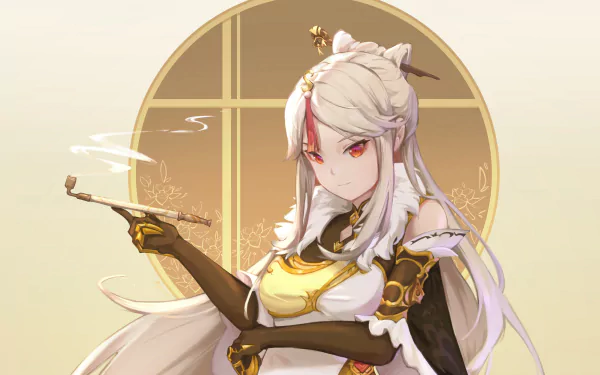 Ningguang from Genshin Impact is depicted in a detailed 4K Ultra HD PC desktop wallpaper, showcasing her elegant pose and intricate outfit against a soft golden background.