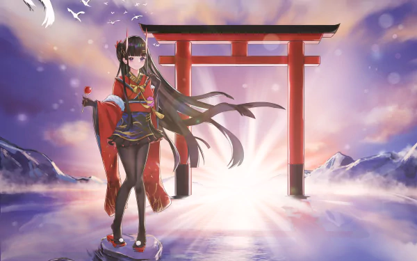 HD PC desktop wallpaper featuring Noshiro from Azur Lane in anime style, standing by a red torii gate with a misty mountain landscape and soft, colorful sky.