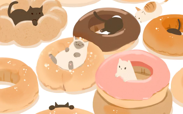 Anime-style cats lounging inside colorful doughnuts, forming a playful and charming HD PC desktop wallpaper background.