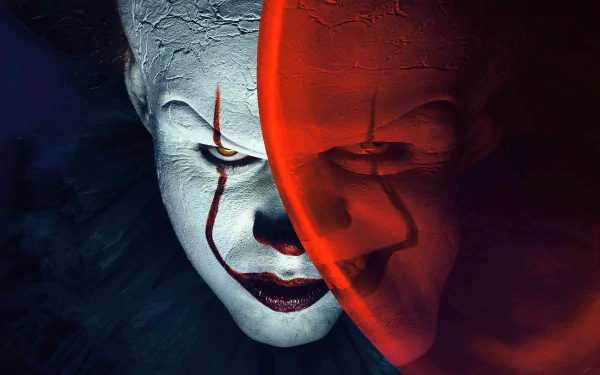 HD wallpaper featuring Bill Skarsgård as Pennywise from the movie It (2017), showcasing a dramatic close-up of the clown's face with a red-tinted reflection.