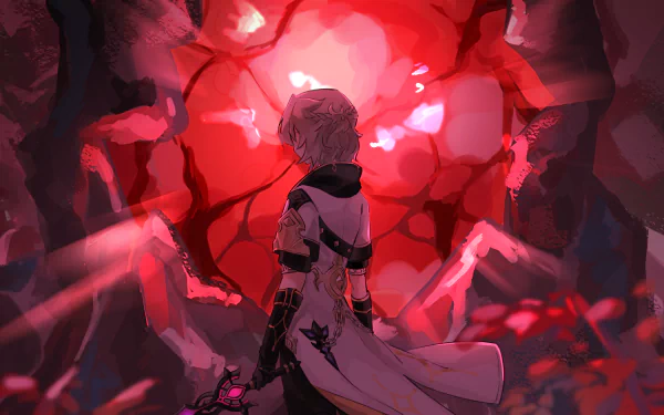 Albedo from Genshin Impact stands in front of a glowing red crystalline formation in Dragonspine, captured in this HD PC desktop wallpaper.