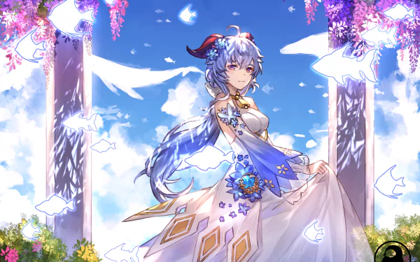 HD PC desktop wallpaper featuring Ganyu from the video game Genshin Impact, standing gracefully amidst blooming flowers and glowing white birds under a bright blue sky.