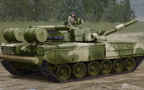 HD desktop wallpaper featuring a detailed T-80 military tank in a forested area, showcasing its armored design and crew member atop the vehicle.