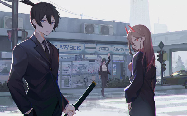 HD desktop wallpaper of Himeno, Power, and Aki Hayakawa from Chainsaw Man anime, standing on a city street.