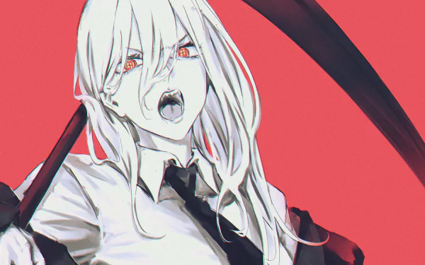 HD desktop wallpaper of Power from Chainsaw Man anime, featuring a stylized black and white illustration on a red background.
