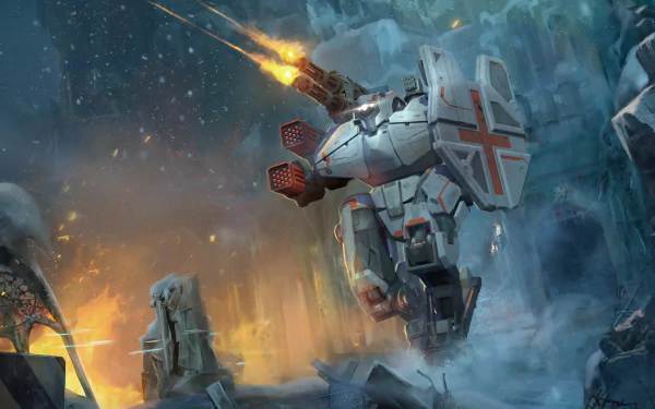 An intense scene from the video game War Robots, featuring a powerful mech firing its weapons amidst an icy landscape and erupting flames in a high-definition desktop wallpaper.