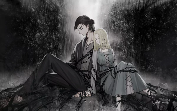 HD desktop wallpaper featuring Eren Yeager and Historia Reiss from the anime Attack on Titan, sitting together in a dark, mysterious forest setting.