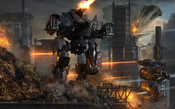 HD wallpaper featuring a War Robots scene with a battle-ready robot amid a fiery industrial backdrop.