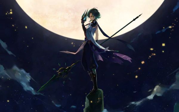 HD desktop wallpaper of Xiao from Genshin Impact, poised with a spear under a moonlit sky, surrounded by floating lanterns.