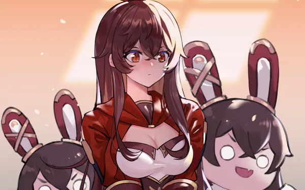 HD desktop wallpaper featuring Amber from Genshin Impact, with brown hair and brown eyes, against a light background. She is accompanied by small characters with bunny ears.