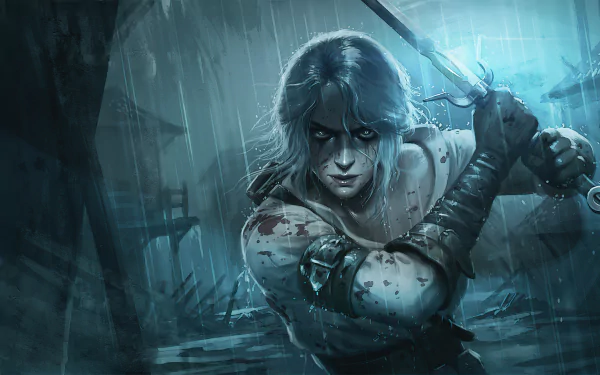 Ciri, the fierce woman warrior from The Witcher 3: Wild Hunt, poised with sword drawn in a rainy, dark setting. 4K Ultra HD video game desktop wallpaper.