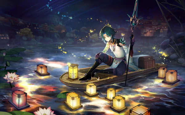 HD desktop wallpaper featuring Xiao from Genshin Impact during the Lantern Rite festival, seated in a boat surrounded by glowing lanterns on a picturesque night-time water scene.