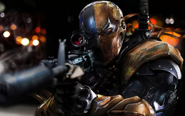 4K Ultra HD PC wallpaper featuring Slade Wilson, aka Deathstroke from DC Comics, aiming through a sniper rifle in detailed comic-style artwork.