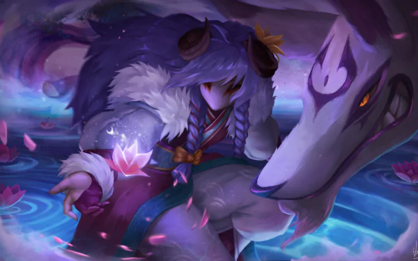 HD PC desktop wallpaper of Kindred (League of Legends) — the lamb spirit and spectral wolf in a moonlit lotus pool; video game League of Legends artwork.