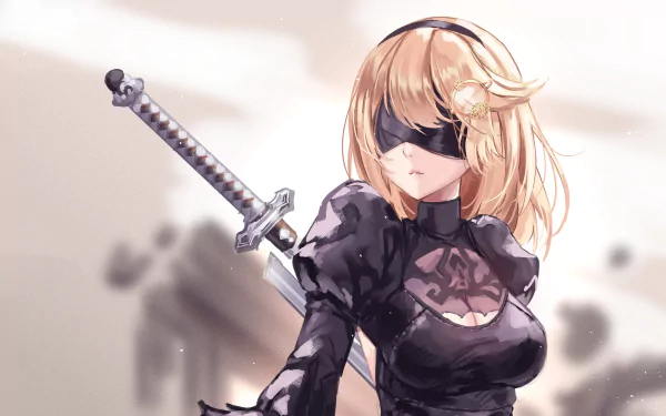 Anime crossover HD wallpaper featuring YoRHa No.2 Type B (NieR: Automata) with elements of Watson Amelia (Virtual Youtuber). The character stands in a detailed background wielding a sword.