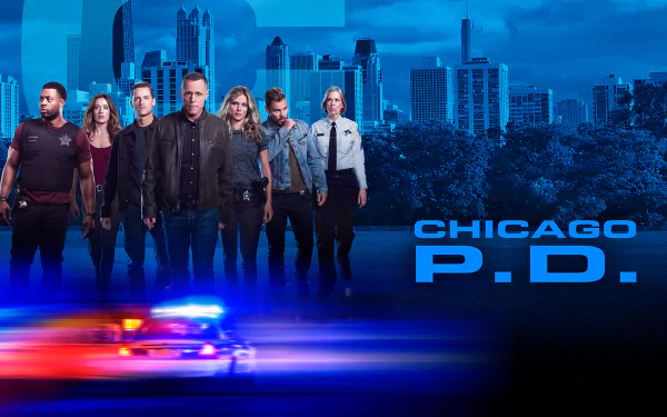 HD Chicago P.D. wallpaper featuring Hank Voight and team with Chicago skyline backdrop and police car lights.
