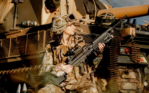 A soldier in full military gear holds a weapon while sitting beside an armored vehicle, captured in sharp detail for a 4K Ultra HD army-themed desktop wallpaper.