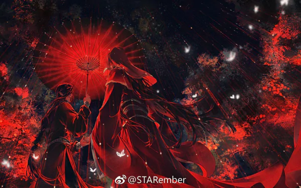 HD wallpaper featuring Xie Lian and San Lang (Hua Cheng) from Heaven Official's Blessing (Tian Guan Ci Fu) in a mystical, red-hued forest scene with glowing butterflies.
