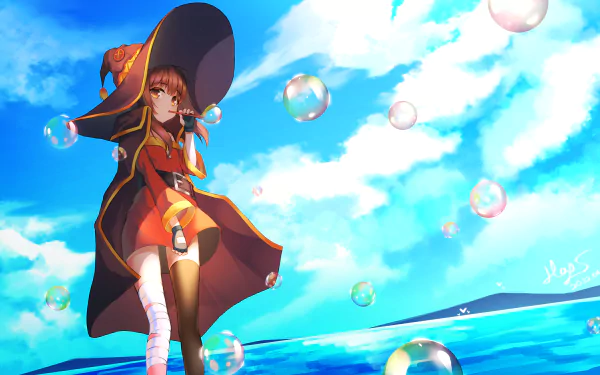 Anime HD desktop wallpaper featuring Megumin from KonoSuba, wearing a cloak and brown hair, with bubbles floating around her against a bright blue sky background.
