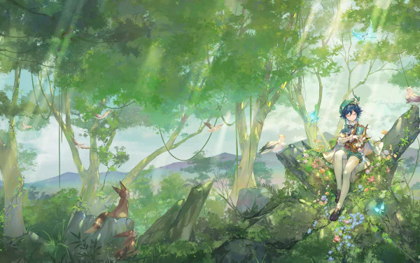 HD desktop wallpaper featuring Venti from the video game Genshin Impact, set in a vibrant and lush forest background.