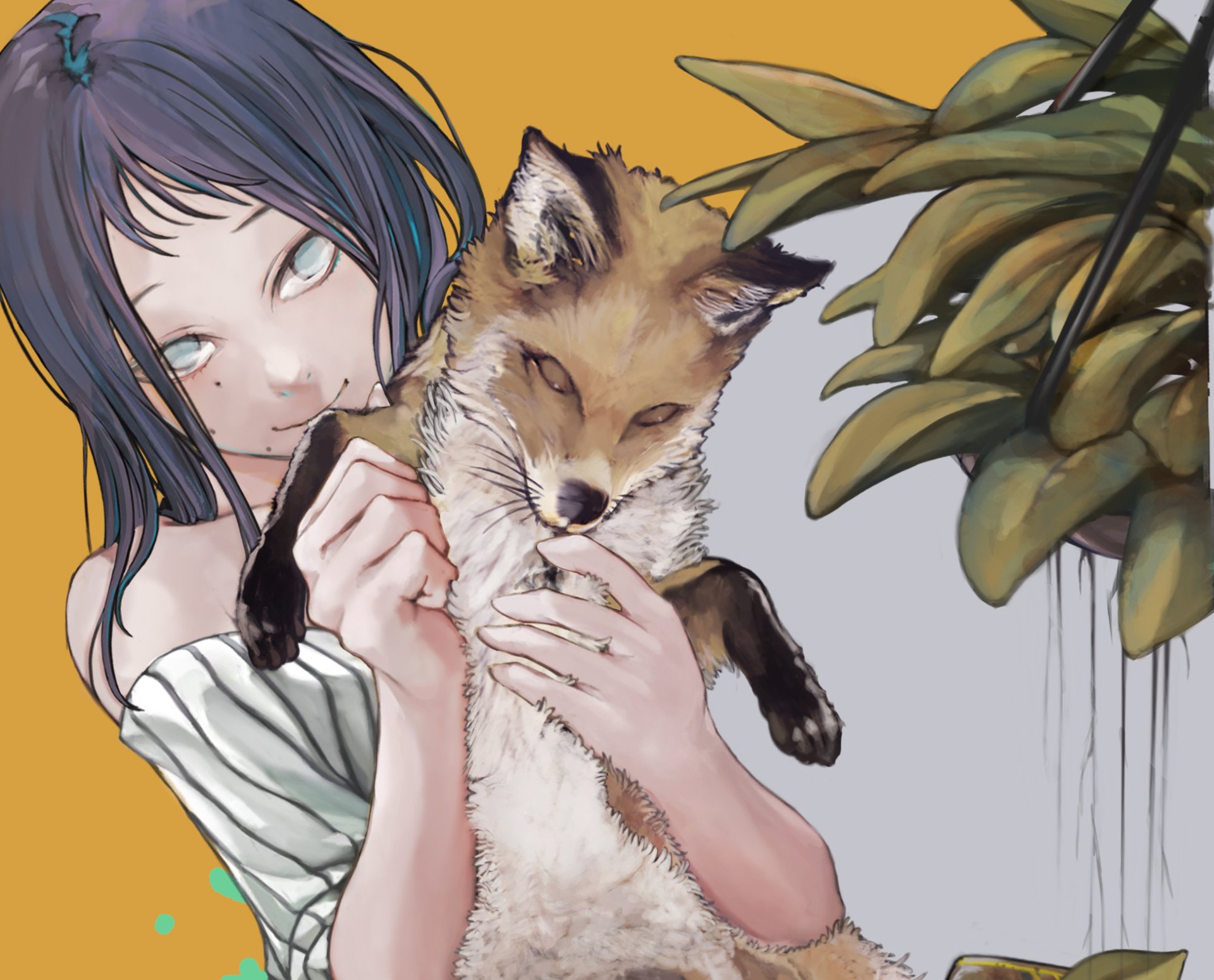 HD PC desktop wallpaper featuring an anime-style character from Chainsaw Man gently holding a fox, with soft colors and detailed plant elements in the background.
