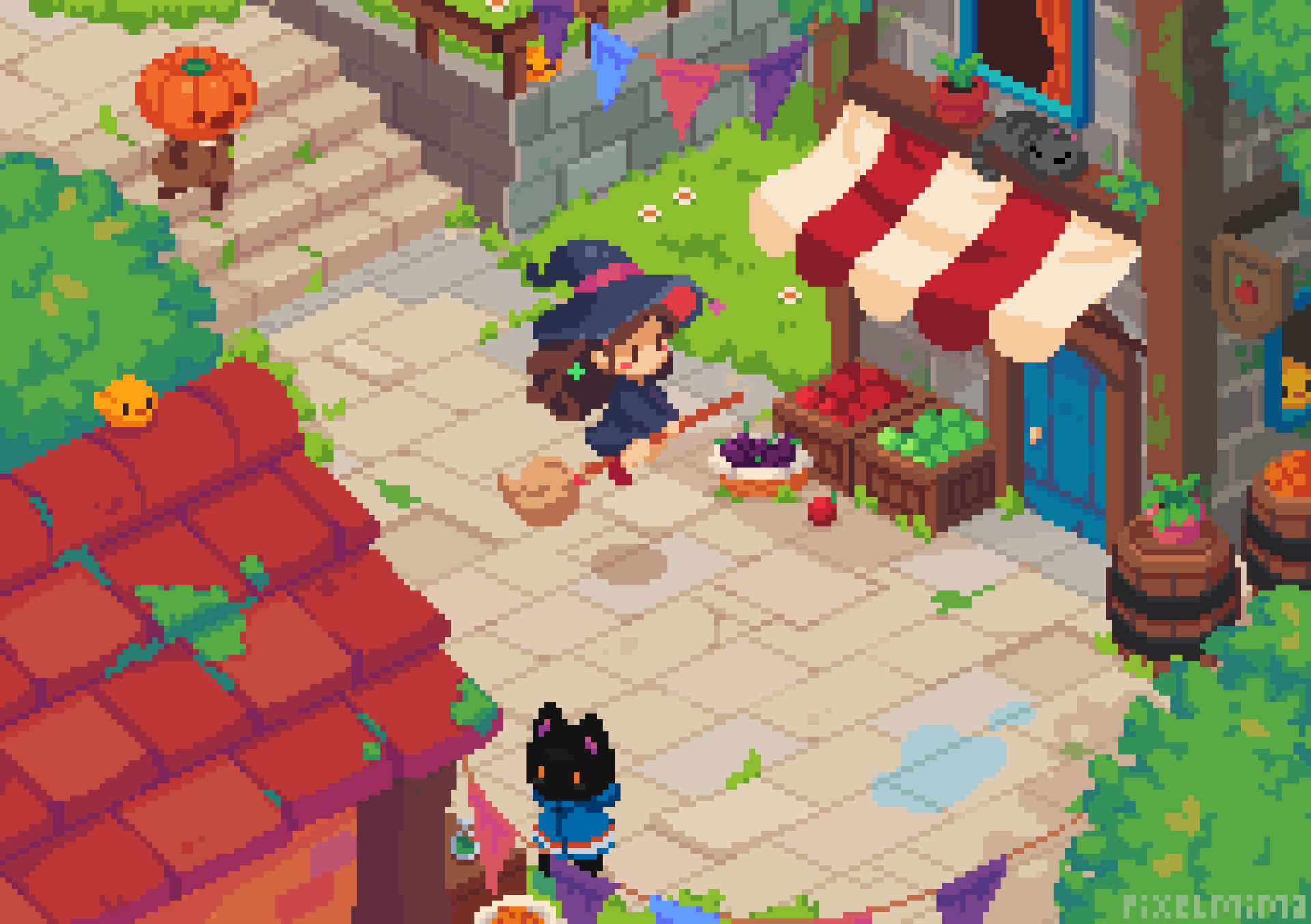 Artistic pixel art HD PC desktop wallpaper depicting a charming village scene with characters and colorful market stalls in a vibrant, detailed style.