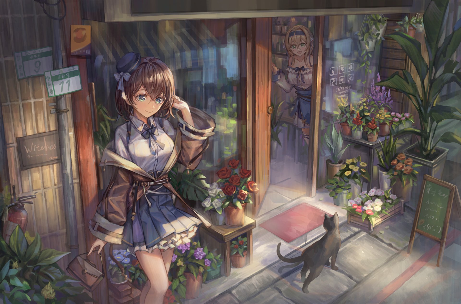Anime girl with brown hair and green eyes in a skirt stands outside a flower shop at dusk, accompanied by a black cat, rendered in detailed HD anime style.