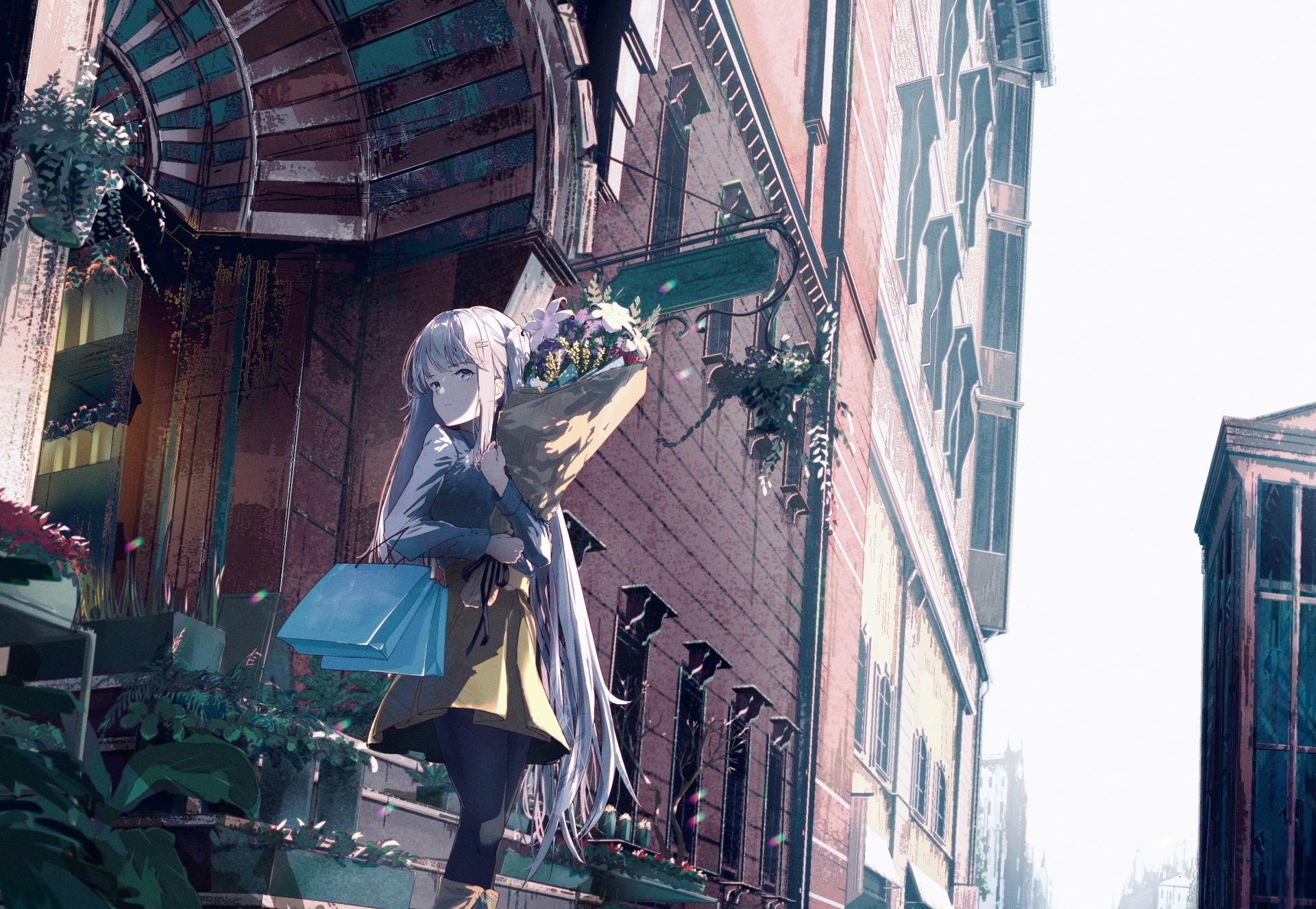 HD anime desktop wallpaper featuring a girl with long hair holding a bouquet, set against a detailed urban backdrop with warm lighting and architectural elements.