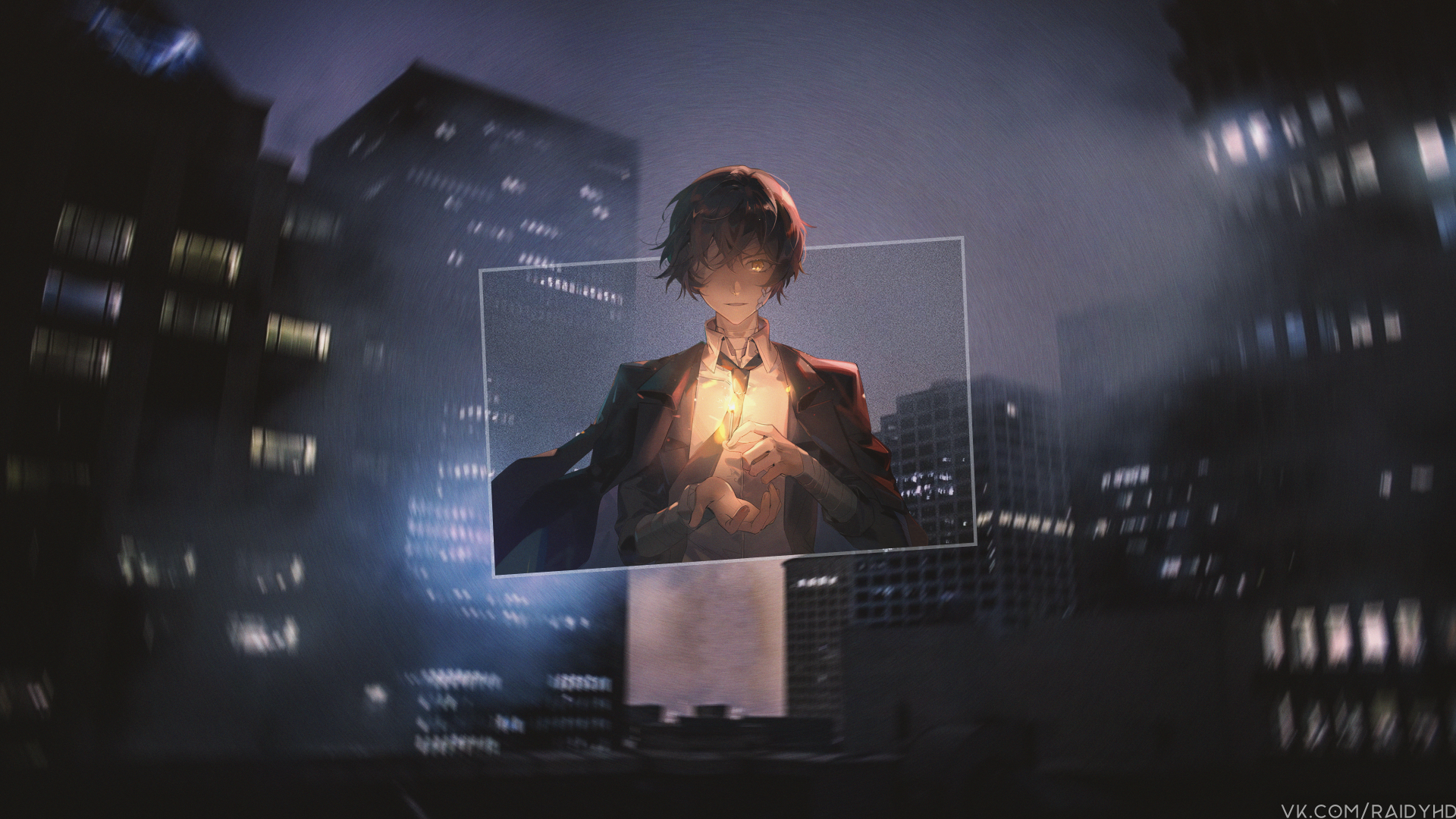 4K Ultra HD anime desktop wallpaper featuring Osamu Dazai from Bungou Stray Dogs illuminated by a glowing light against a dark cityscape background.