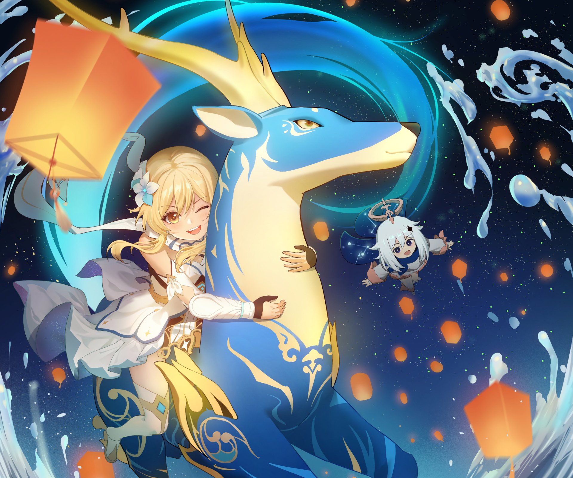 Genshin Impact HD: Lumine & Paimon's Magical Night Adventure Wallpaper ...