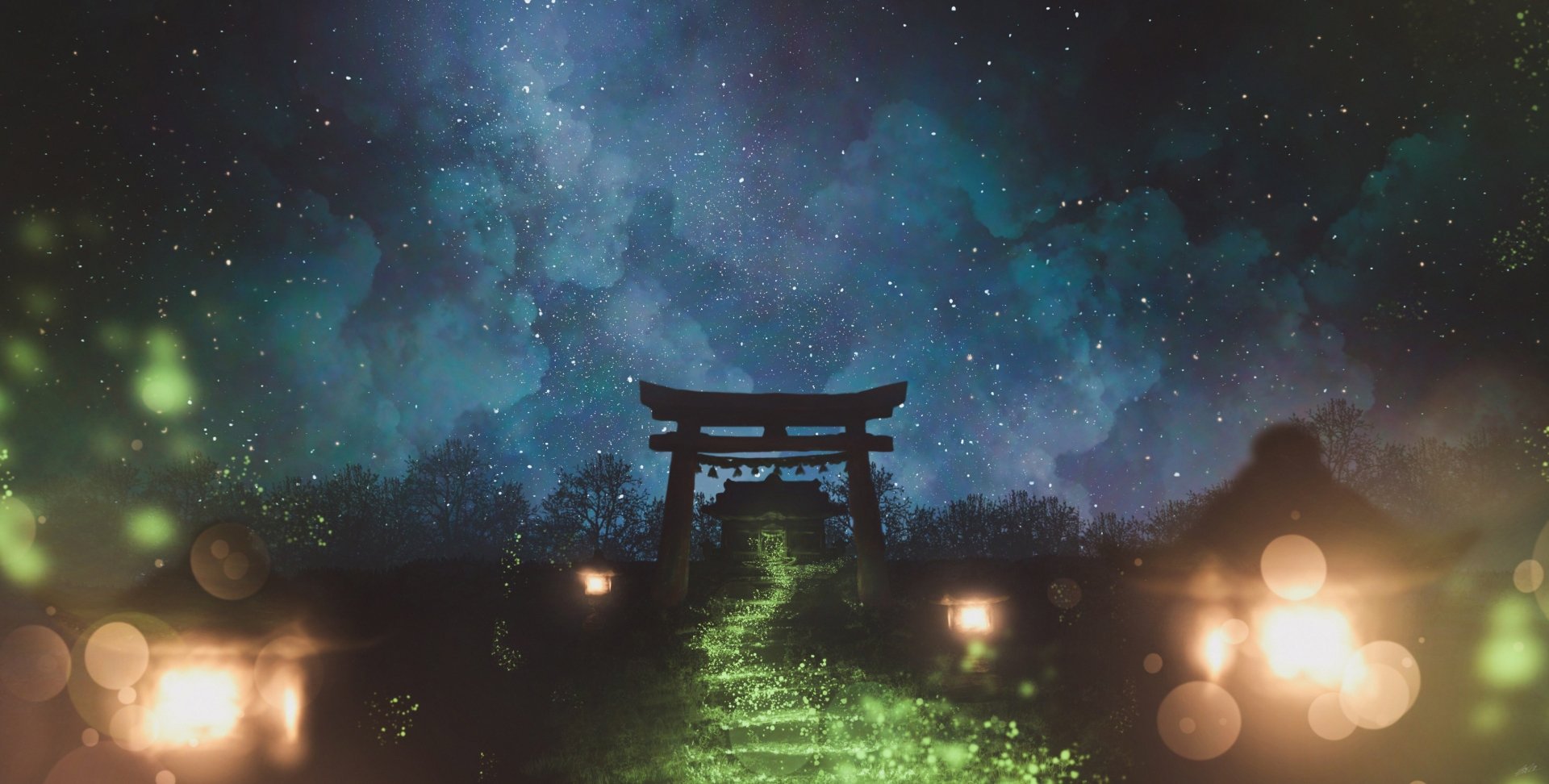 Download Torii Night Sky Anime Temple HD Wallpaper