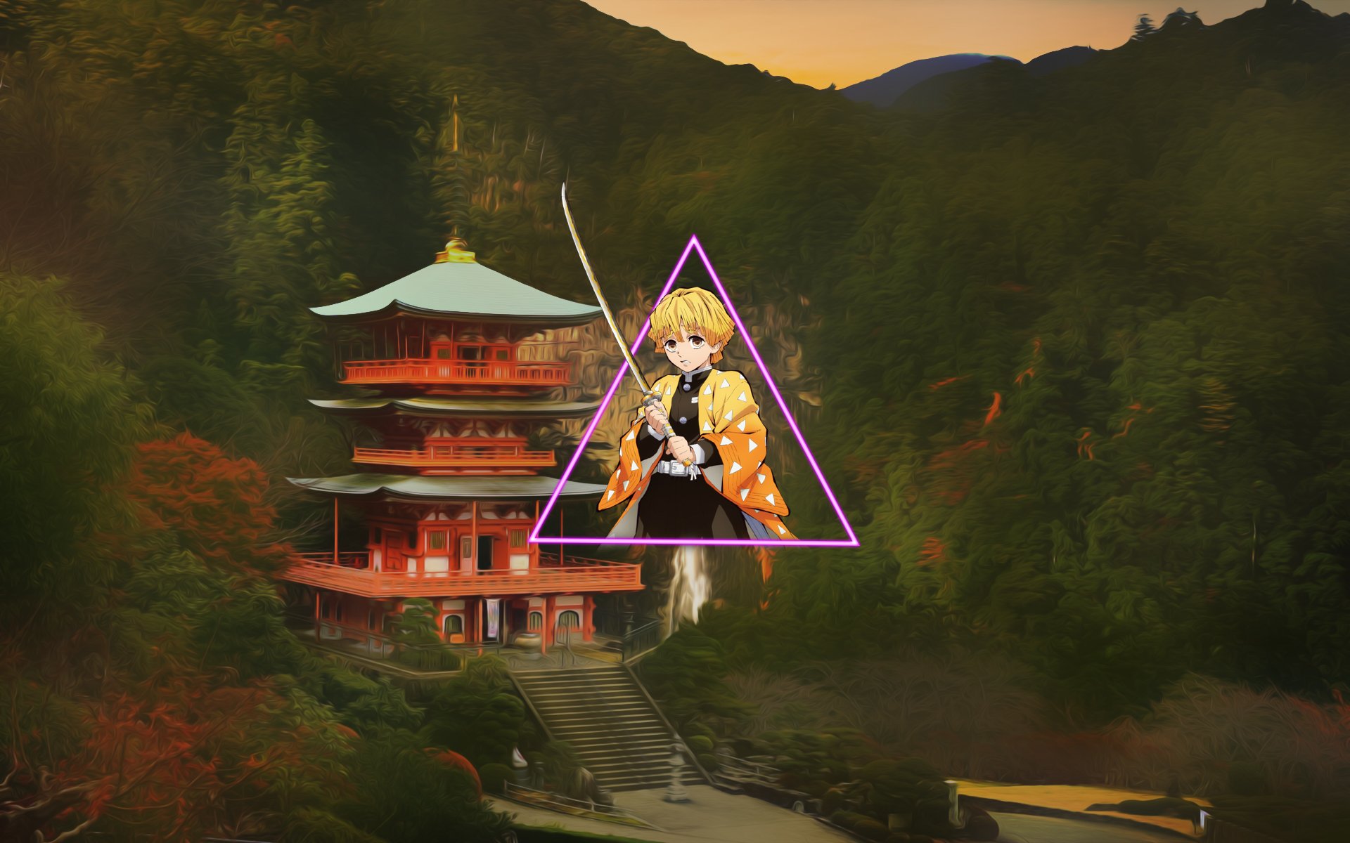 HD PC desktop wallpaper: Zenitsu Agatsuma (Anime, Demon Slayer: Kimetsu no Yaiba) centered in a glowing triangle, holding his sword before a misty mountain pagoda.